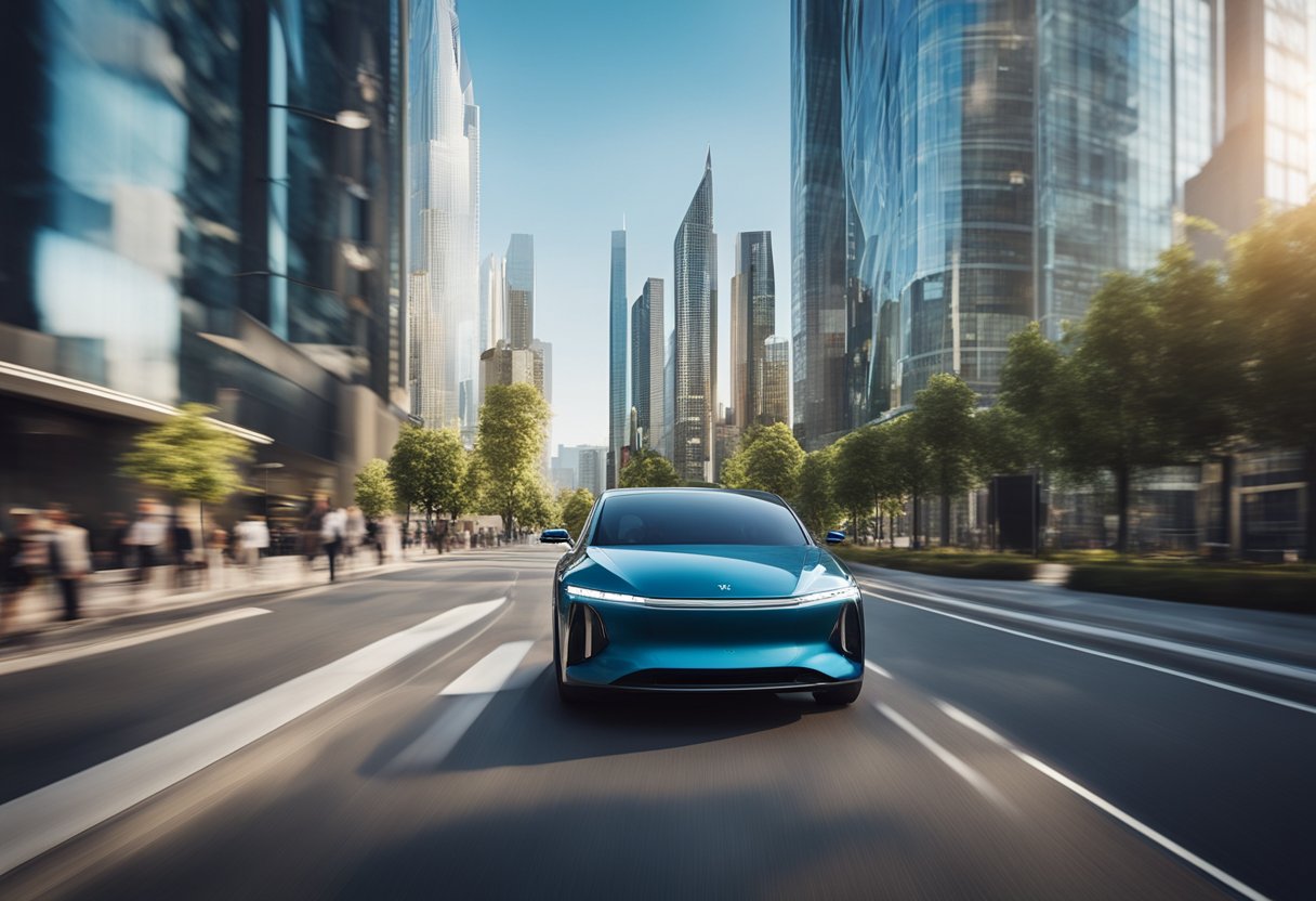 A sleek autonomous car navigates through a bustling city, seamlessly avoiding obstacles and traffic with the help of advanced sensors and AI technology