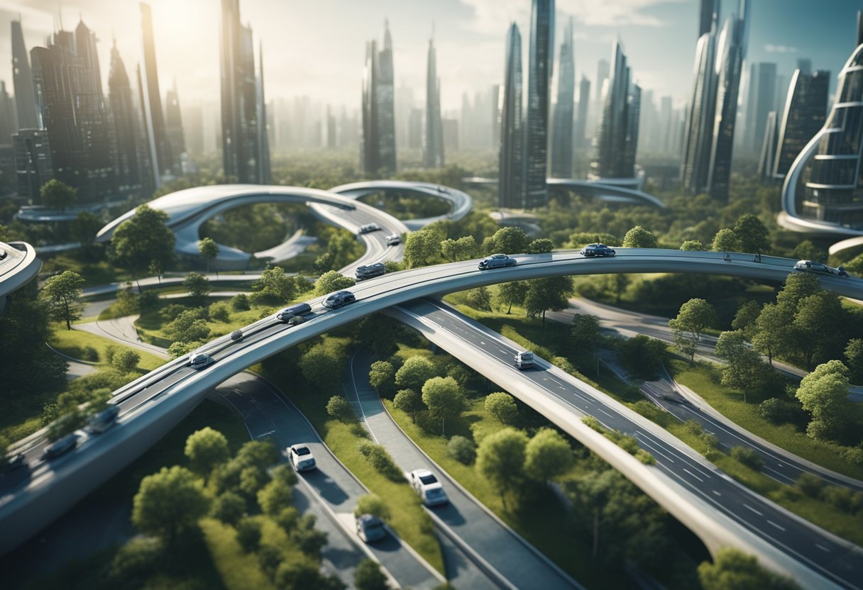 A futuristic cityscape with autonomous cars, green energy sources, and minimal environmental impact