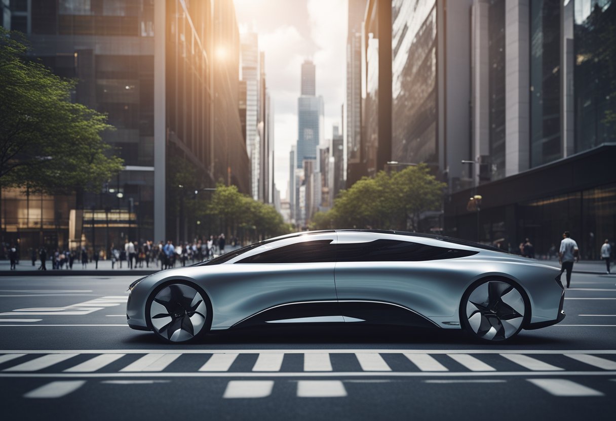 A sleek, futuristic car navigates a busy urban street with ease, showcasing the latest advancements in autonomous vehicle technology