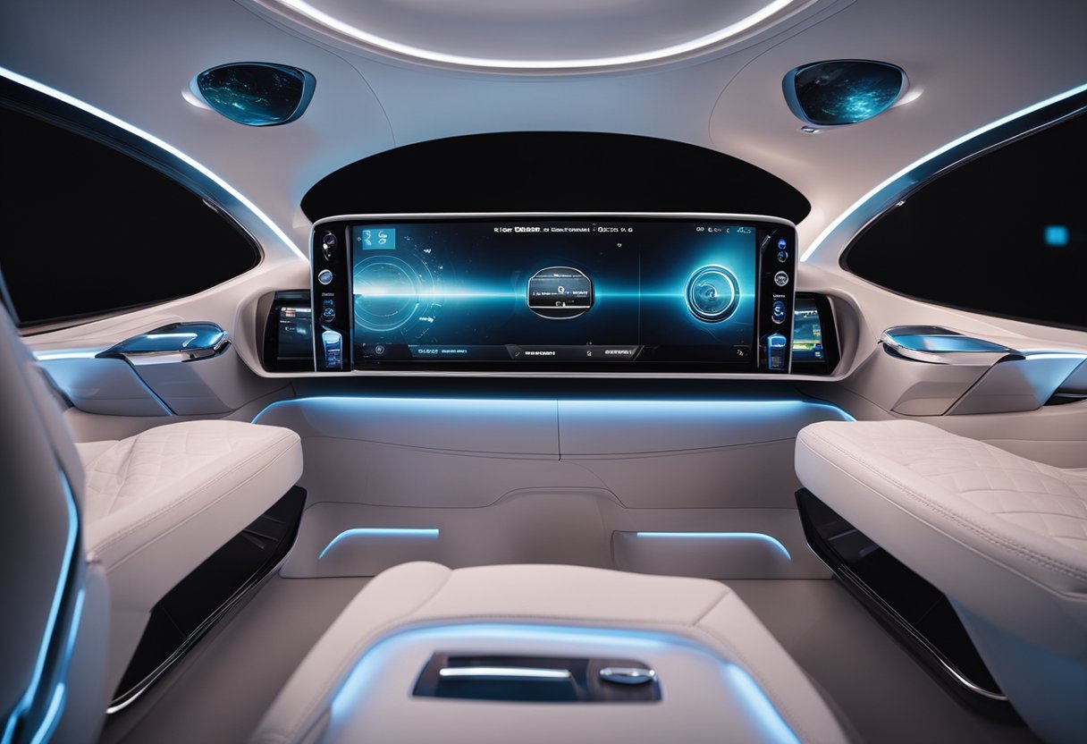 A futuristic car interior with advanced entertainment and connectivity features