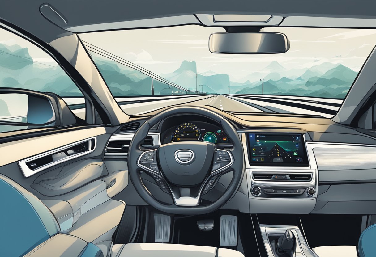 A car driving on a highway with a GPS system integrated seamlessly into the dashboard, displaying real-time traffic and navigation information