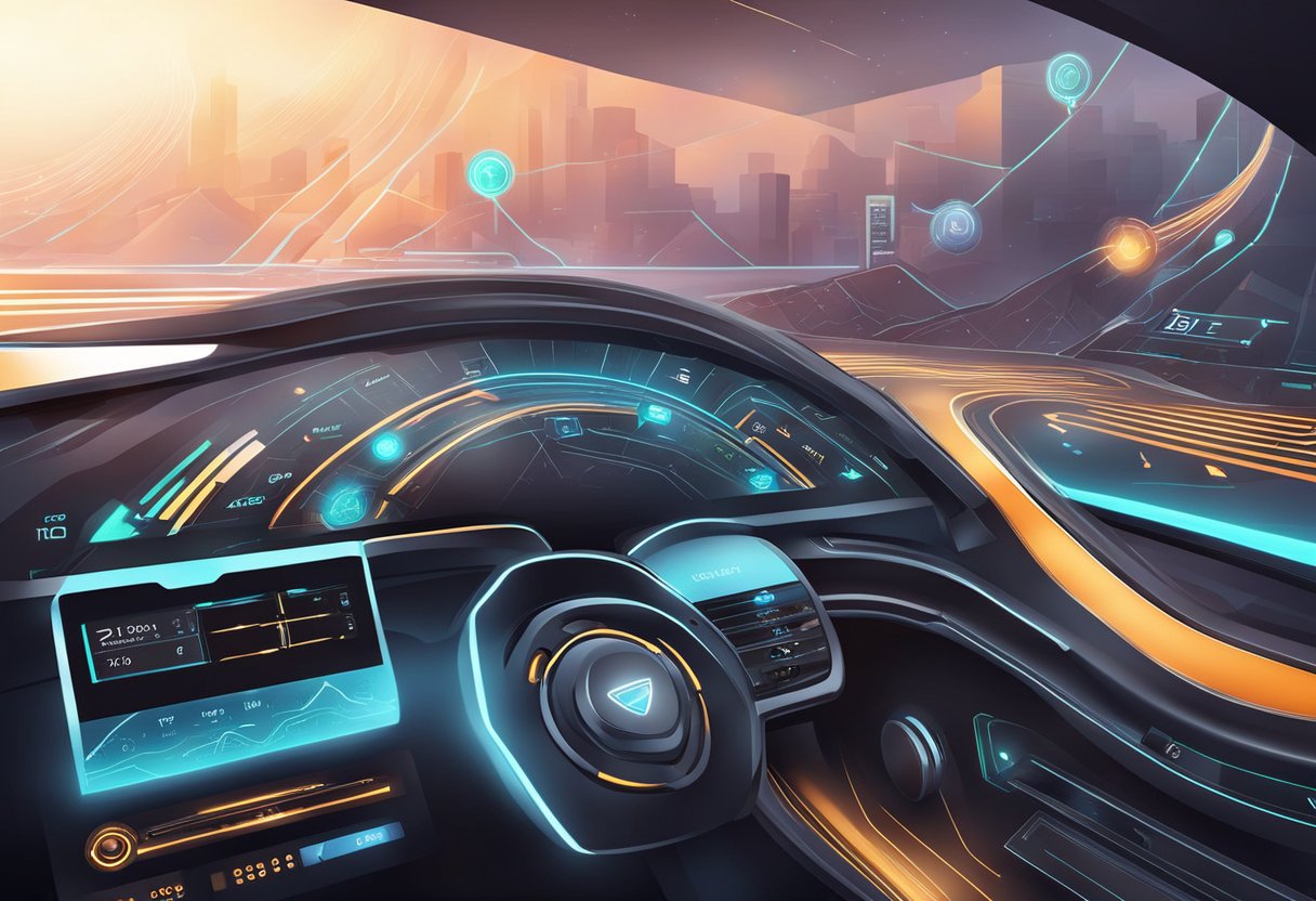 A futuristic car dashboard displaying advanced GPS technology and navigation features