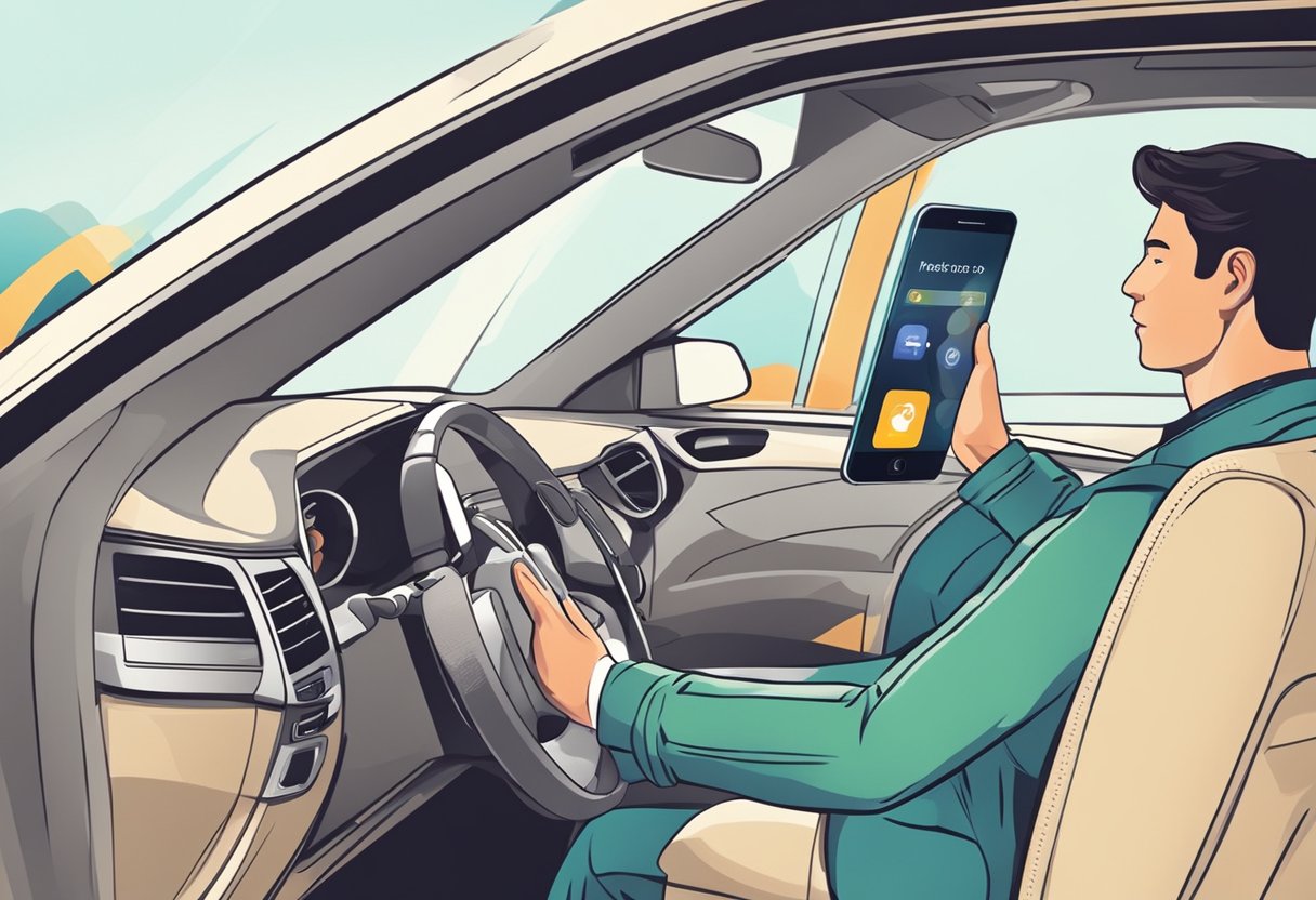 A driver using a smartphone to access helpful assistance and support apps while sitting in a car