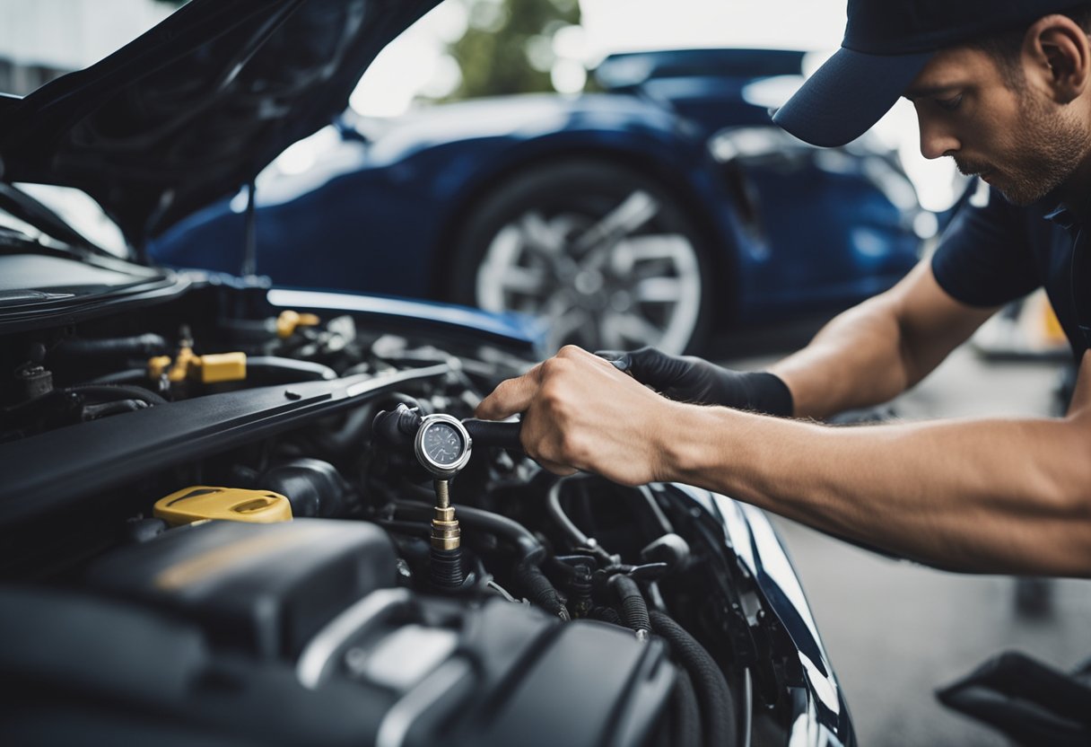 A mechanic performing preventive maintenance on a car, checking tire pressure and using techniques for fuel-efficient driving