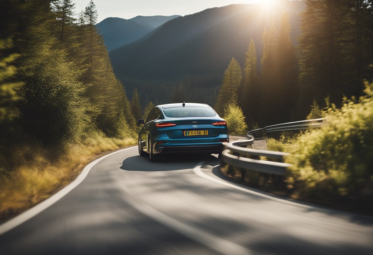 A vehicle navigating a winding road, with a focus on fuel-efficient driving techniques