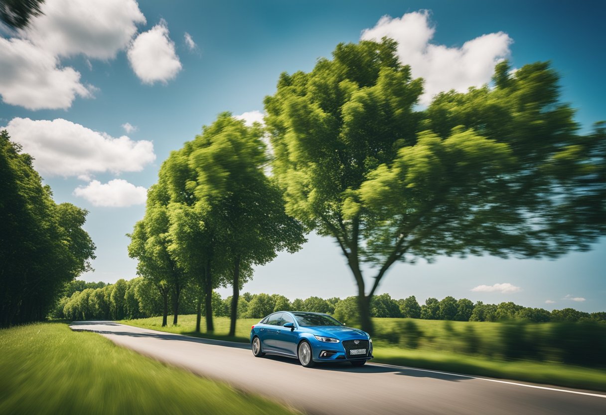 A car driving on a smooth road with green trees and blue sky in the background