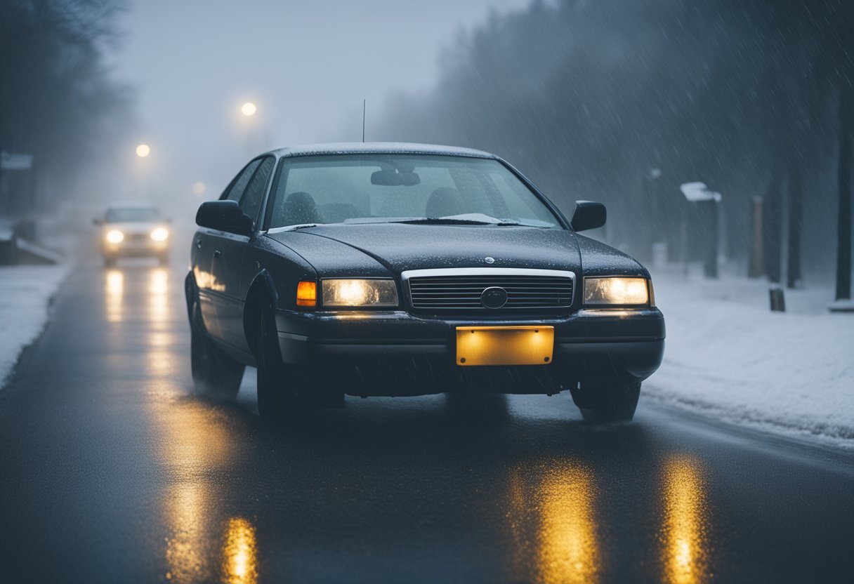 A car navigating through rain, snow, and fog with caution and visibility. Defensive driving principles in action