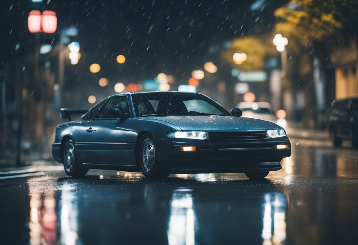 A car navigating wet roads with caution, using headlights and windshield wipers