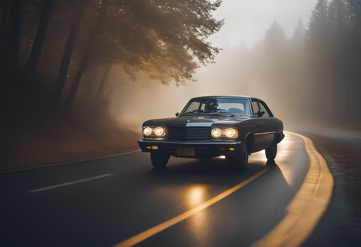 A car with headlights on drives cautiously through thick fog on a winding road, surrounded by blurred silhouettes of trees and a faint glow in the distance