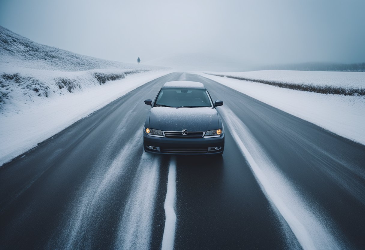 A car navigating through snowy and icy roads, with caution and control