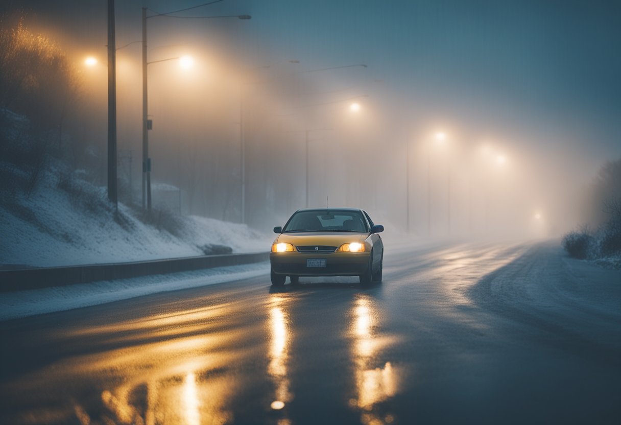 A car navigating through rain, snow, and fog with caution. Clear road signs and visibility aids