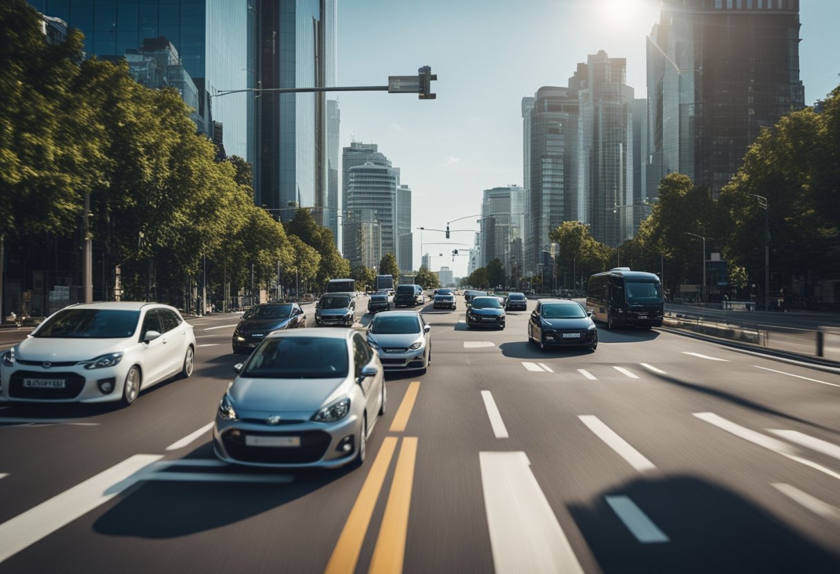 Cars driving on city streets, following traffic rules. Signage and traffic lights are visible