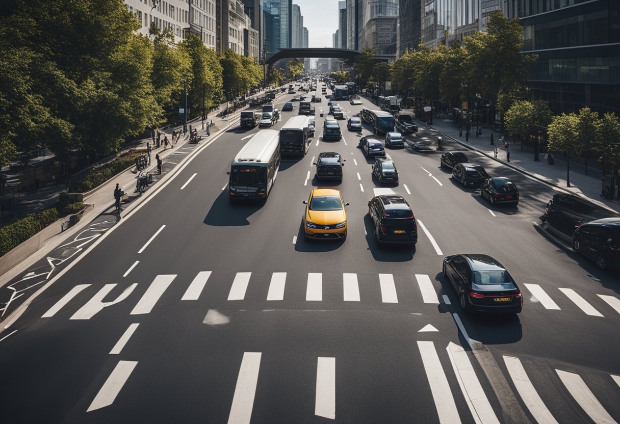 Cars navigating city streets, following traffic rules, using turn signals, and yielding to pedestrians. Buildings and street signs line the roads, with buses and bicycles sharing the lanes