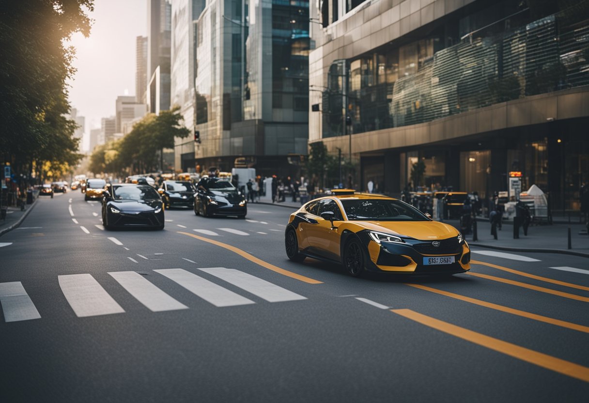 Cars navigating city streets, following route signs and traffic rules