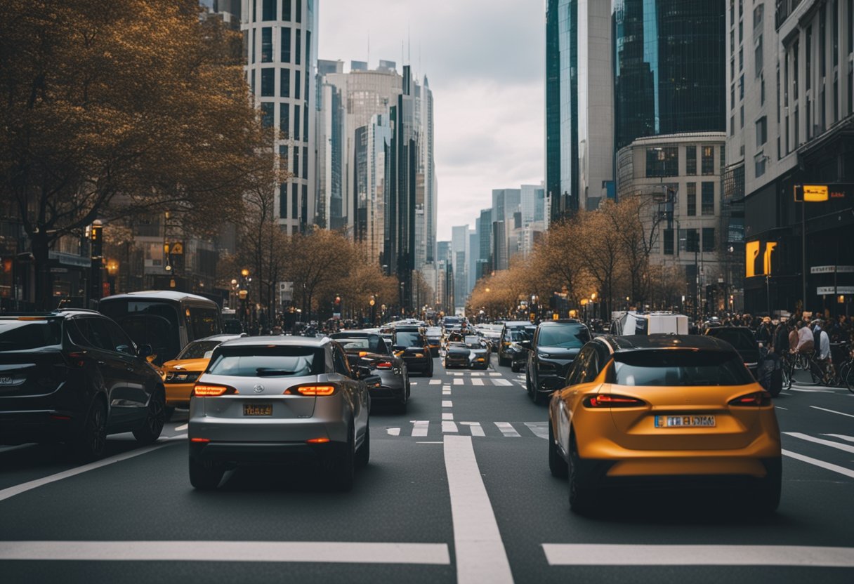 Cars navigating city streets with traffic signs and pedestrians