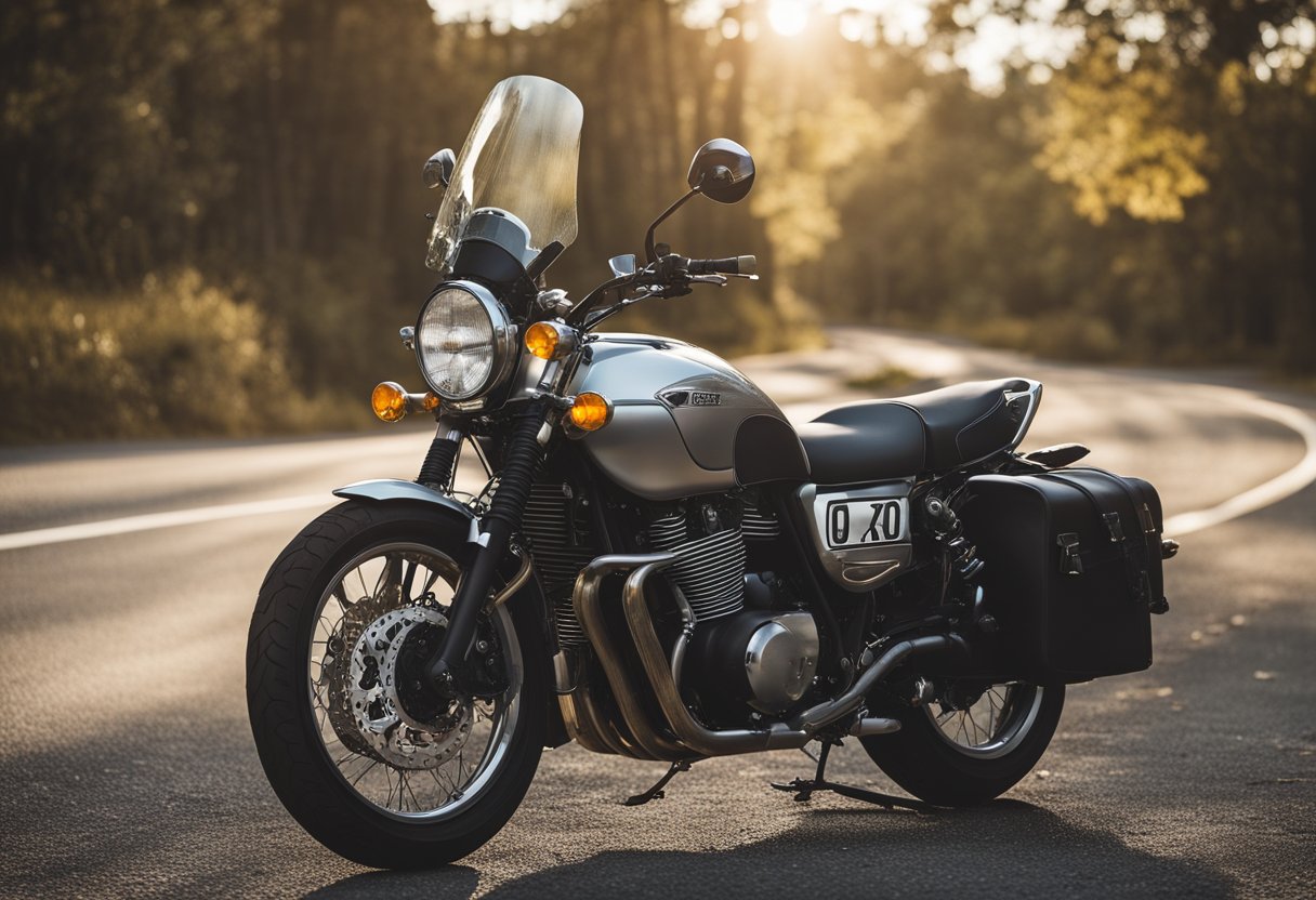 A motorcycle parked on a scenic road, with a rider's helmet and gloves placed on the seat. A map and a toolkit are laid out next to the bike