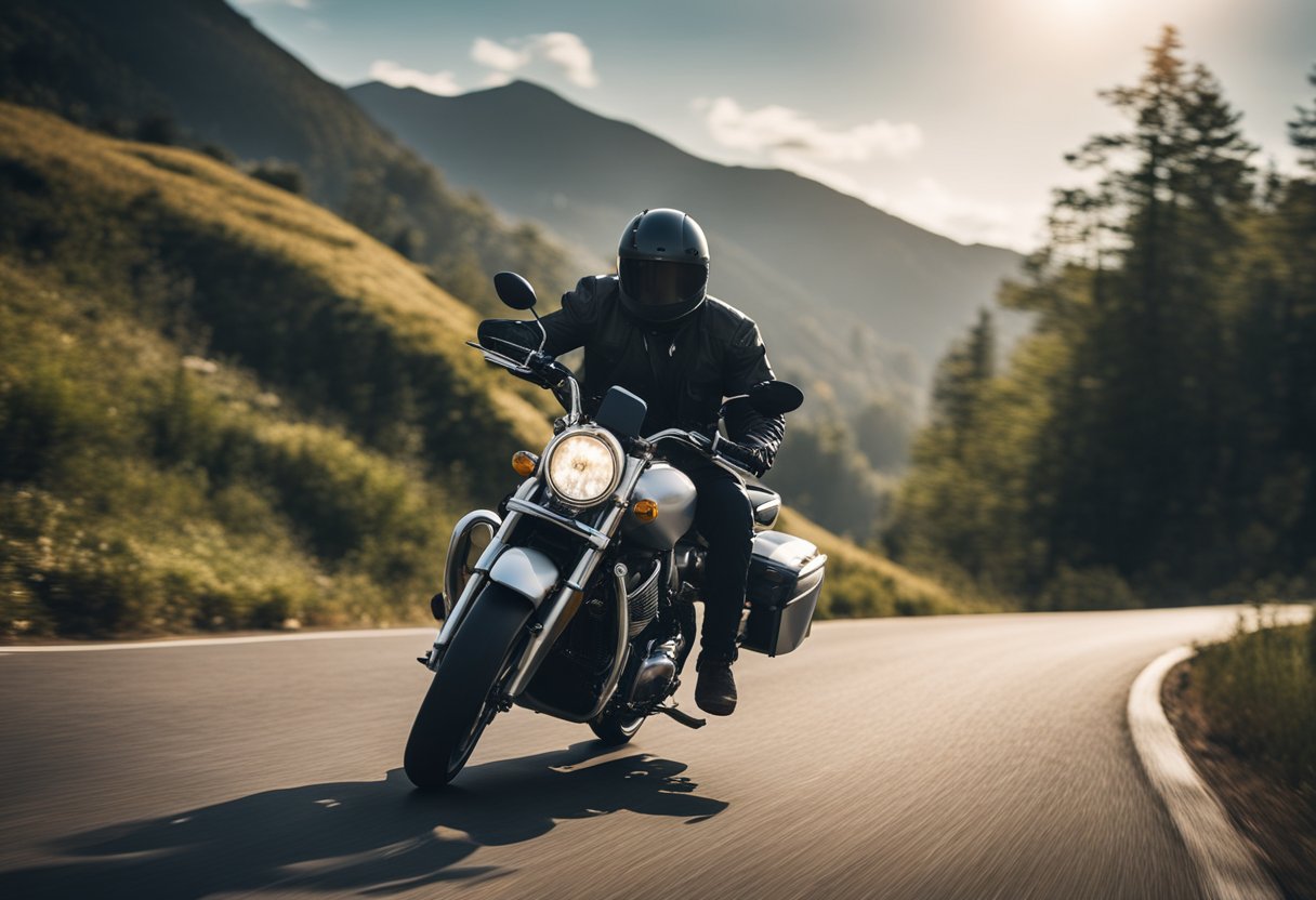 A motorcycle navigating a winding road, with focus on proper technique and safety