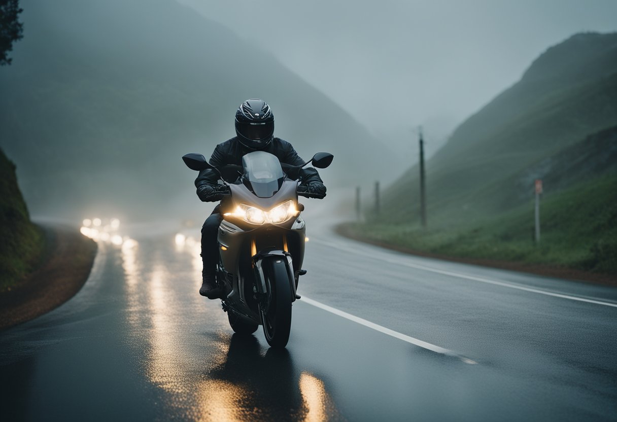 A motorcycle navigates a winding, rain-soaked road, surrounded by fog and low visibility. The rider leans into a turn, cautious and alert