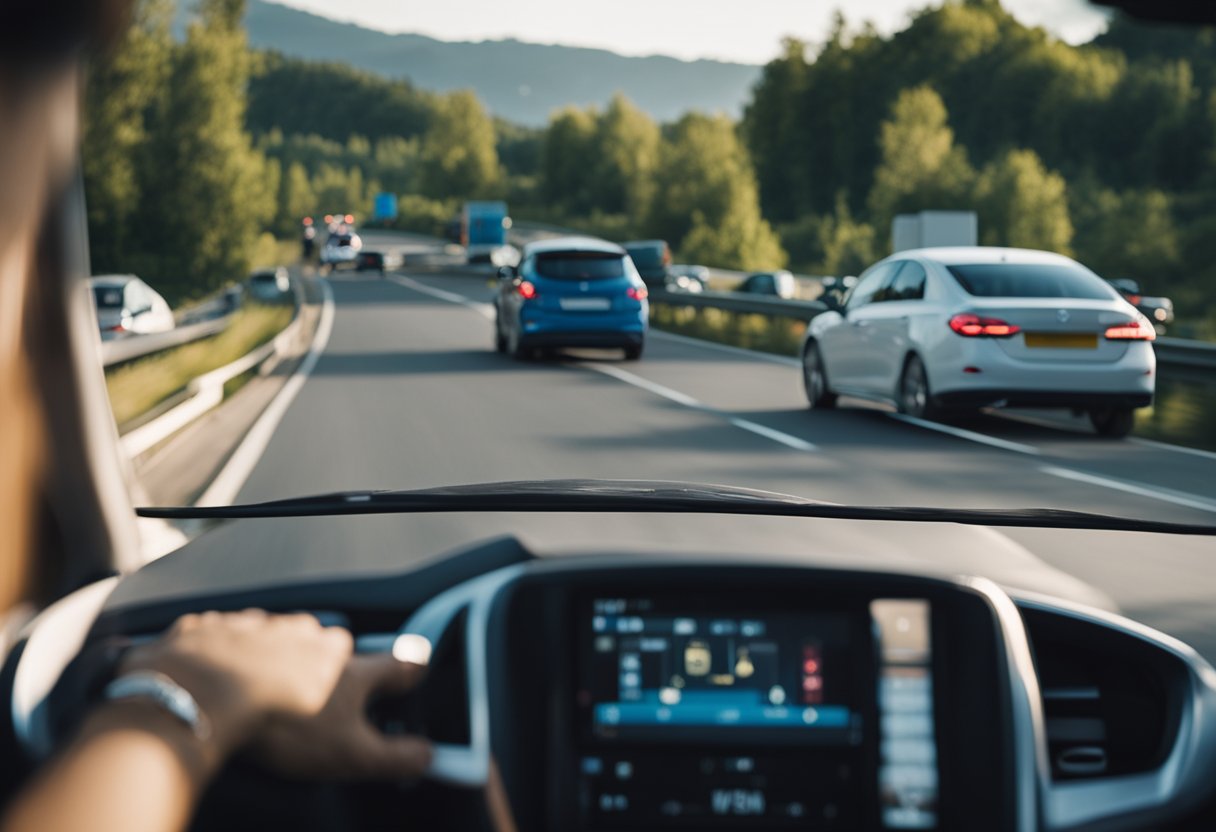 A car driving on a highway, following traffic rules and maintaining a safe distance from other vehicles. The driver is using turn signals and obeying speed limits