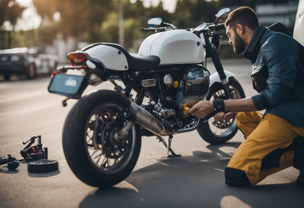 A motorcycle being checked by a mechanic on a road, with tools and safety equipment nearby