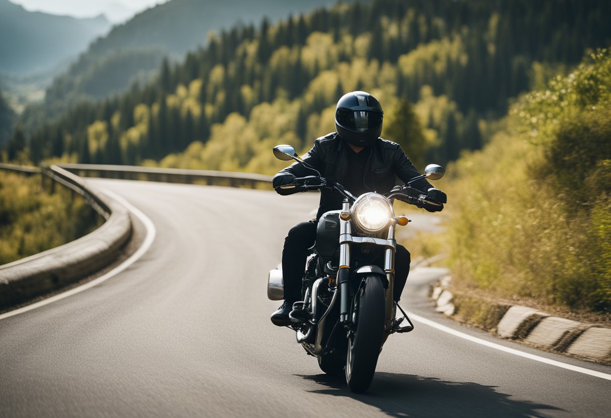 A motorcycle riding on a winding road with scenic views, following safety guidelines