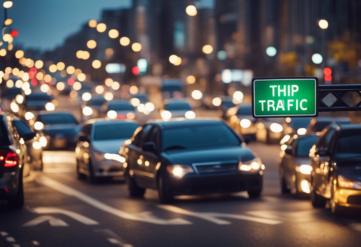 A busy city street with cars honking, brake lights flashing, and frustrated drivers gesturing. A sign with tips for reducing stress in traffic