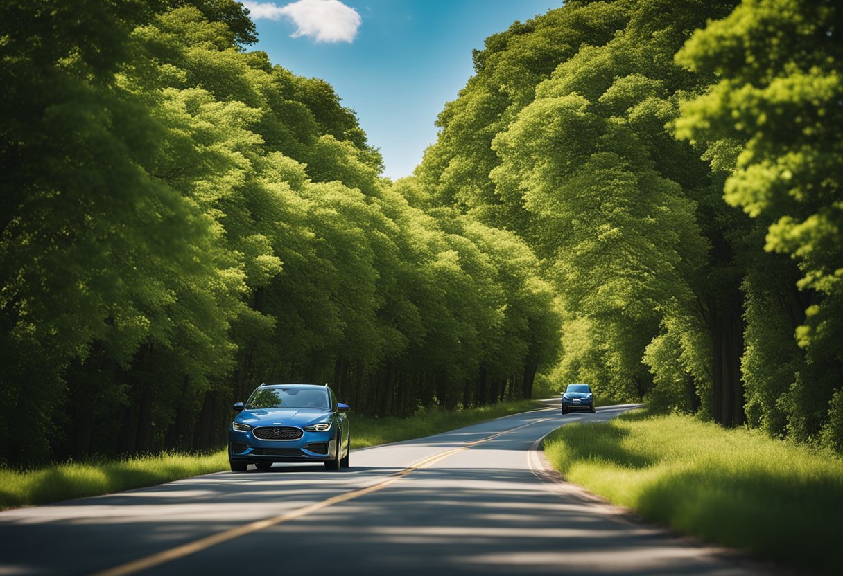 A car navigating through a calm and clear road, with green trees and blue skies in the background, depicting a stress-free commute