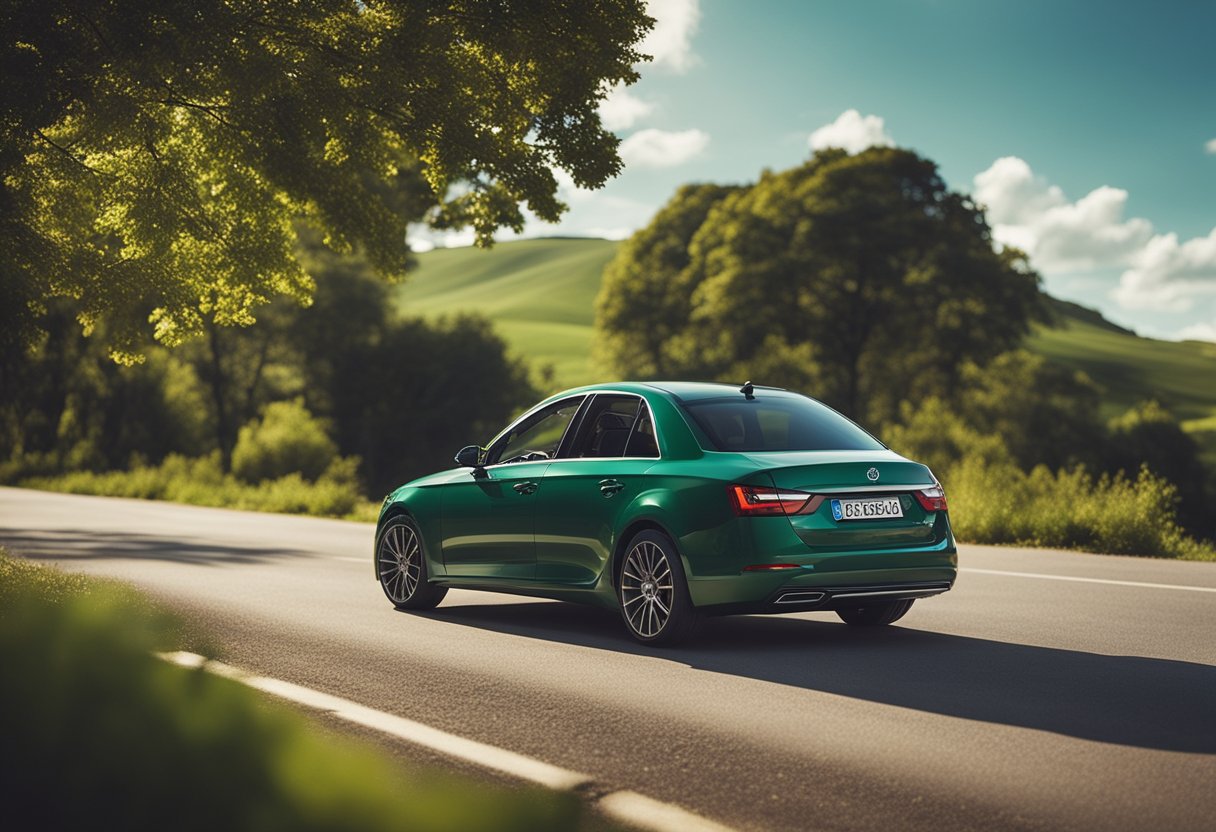 A car with comfortable seating and calming music drives through a peaceful, green landscape, with clear road signs and minimal traffic