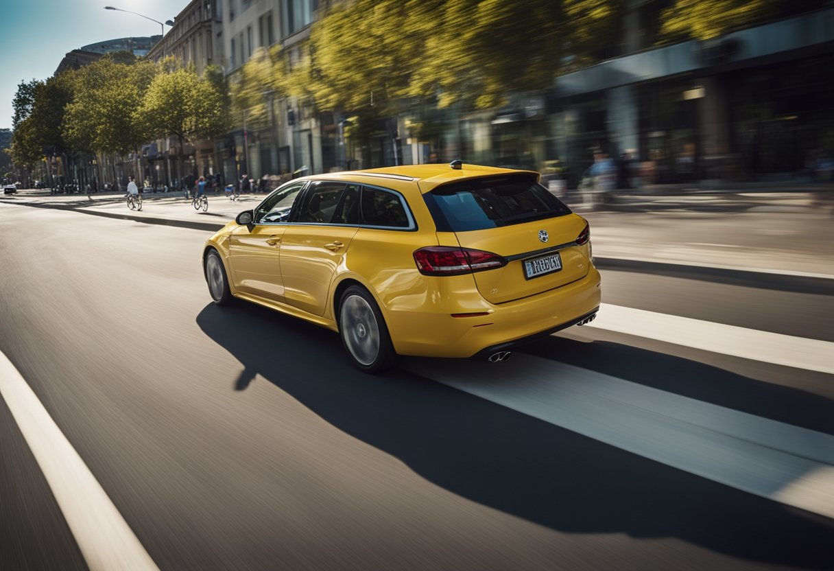 A car swerves to avoid a pedestrian, demonstrating defensive driving principles. The driver maintains a safe distance and uses signals effectively