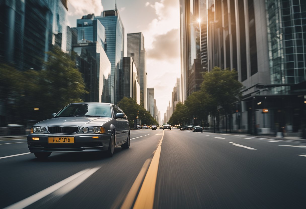 A car swerving to avoid a collision with another vehicle on a busy city street