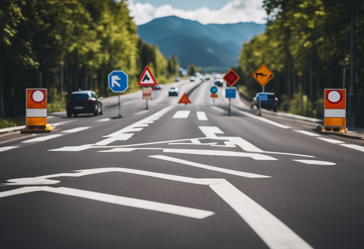 A road with traffic signs and a car following safe driving rules