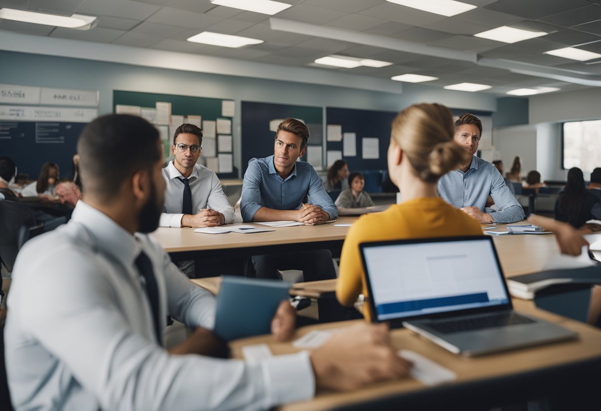 A group of people learning about risk management and defensive driving in a classroom setting with visual aids and interactive discussions