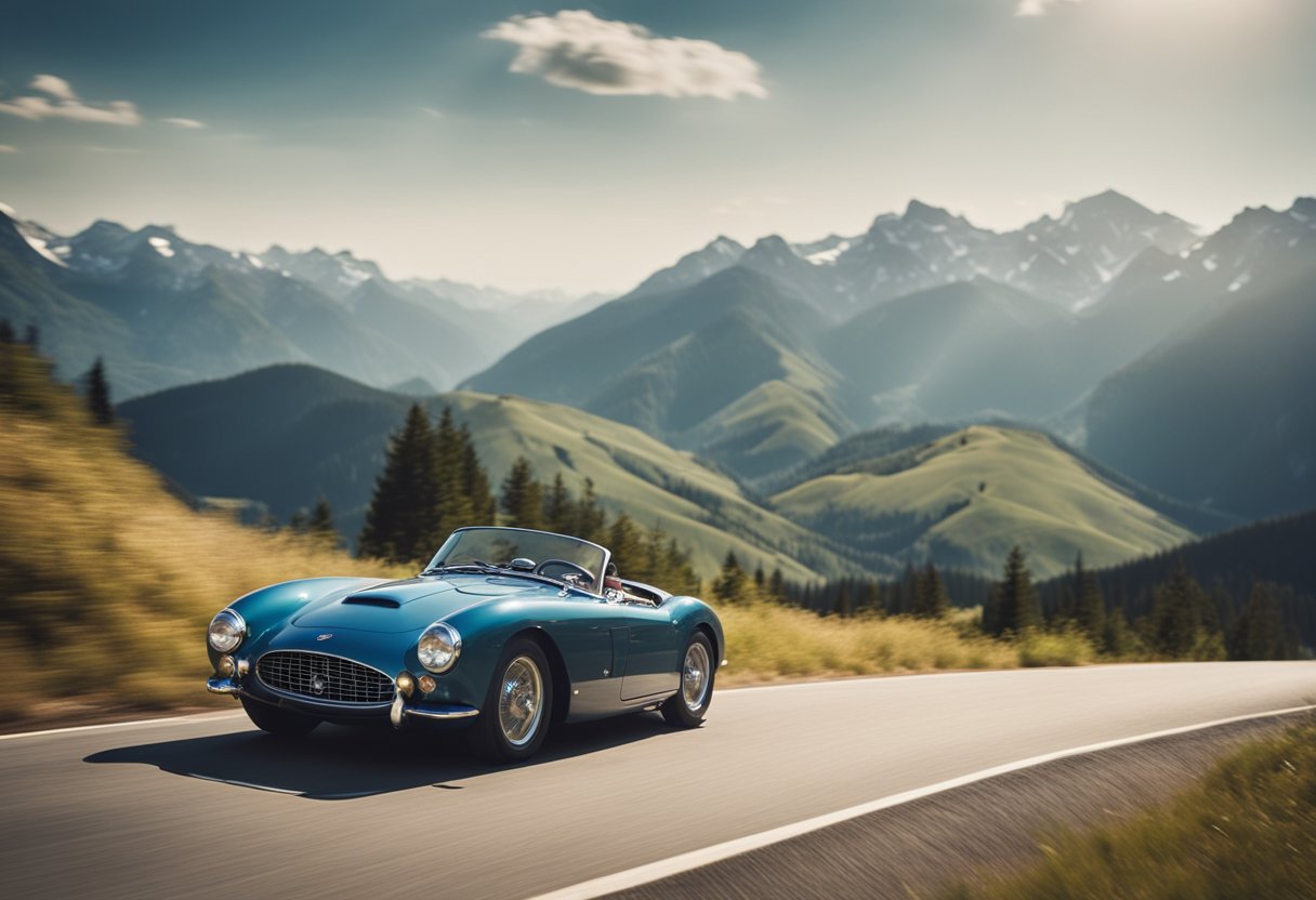 A vintage sports car races down a winding road, with mountains in the background and a sense of speed and excitement in the air