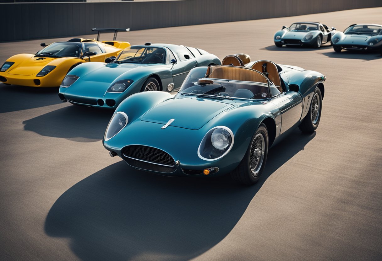 A lineup of iconic sports cars through history, showcasing evolution in design and technology