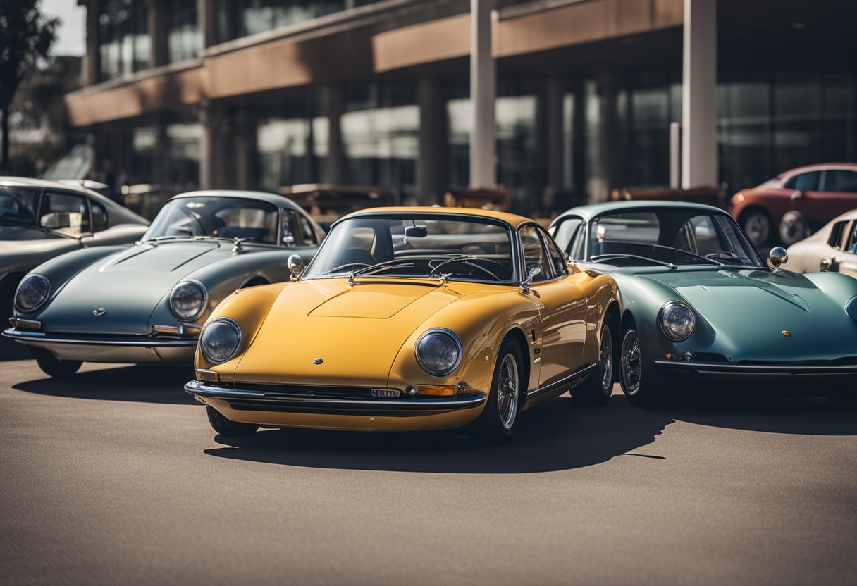 A lineup of iconic sports cars from different decades, showcasing their unique designs and features. Each car is positioned in a dynamic and eye-catching manner, capturing the essence of their respective eras