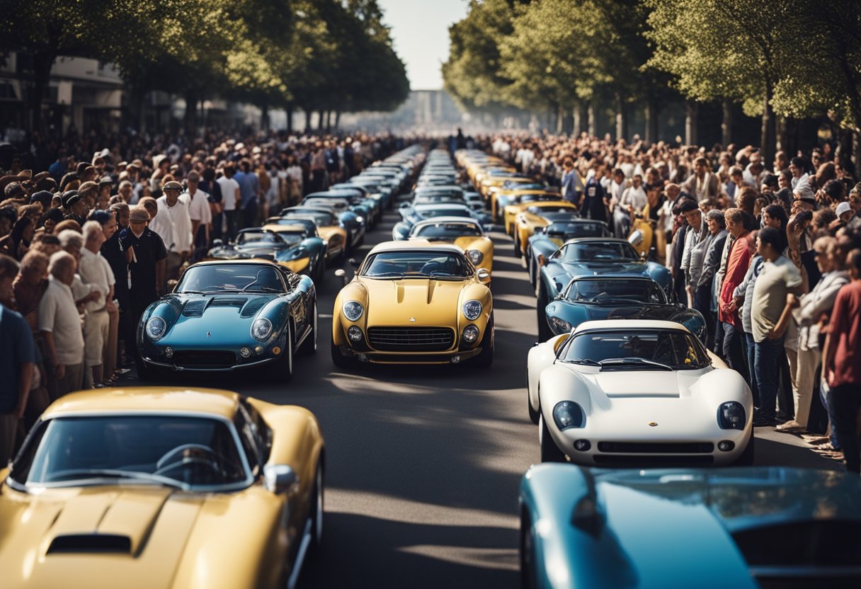 A lineup of iconic sports cars, showcasing their sleek designs and powerful engines, surrounded by a crowd of enthusiastic onlookers