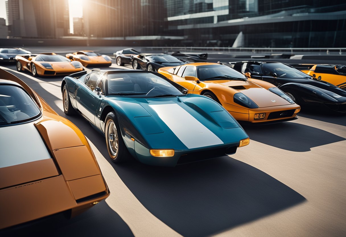 A lineup of iconic sports cars from different eras, sleek and powerful, showcased in a futuristic setting with advanced technology and dynamic lighting