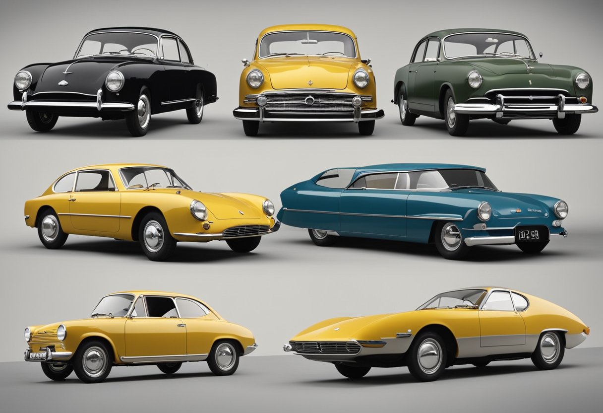 A timeline of automotive design evolution post-war, showcasing the progression of car designs through the decades