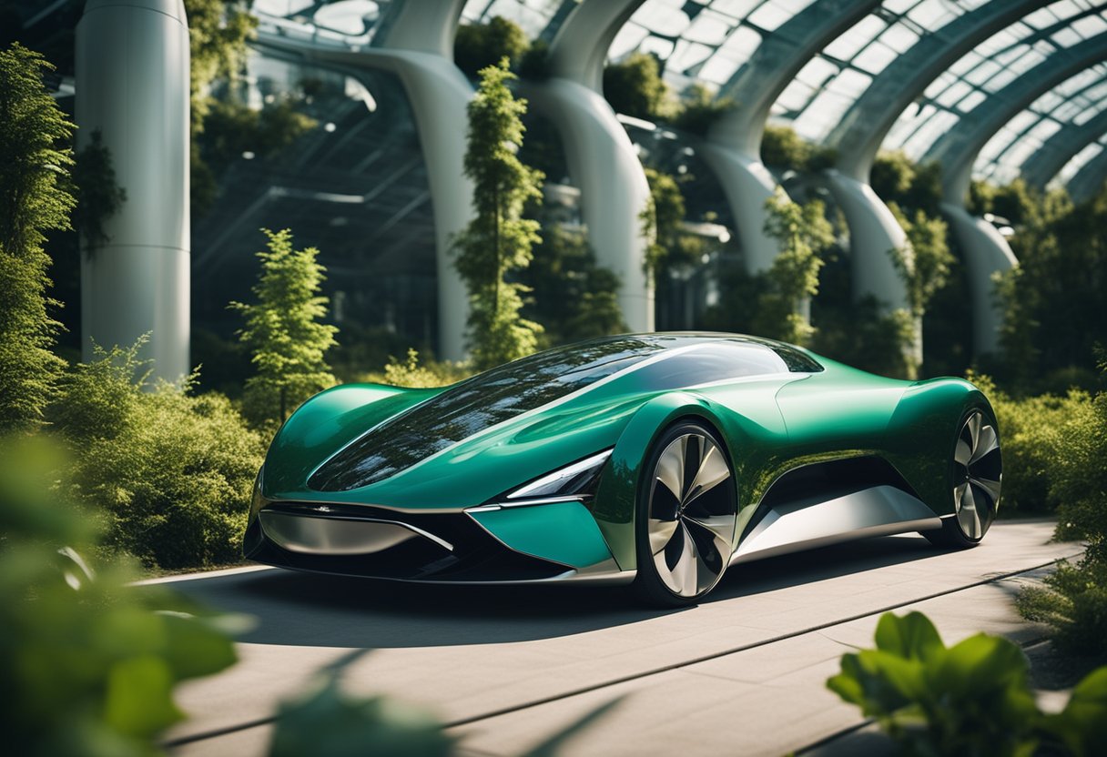 A futuristic car surrounded by lush greenery, with solar panels and wind turbines integrated into the design. The vehicle is sleek and aerodynamic, symbolizing the evolution of automotive design towards sustainability