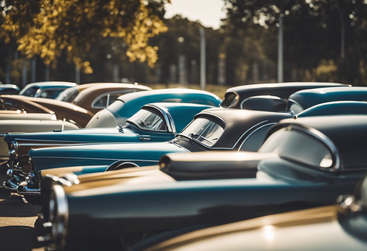 A group of vintage cars lined up in a row, showcasing the evolution of the automotive industry. The iconic logos of famous car manufacturers are prominently displayed