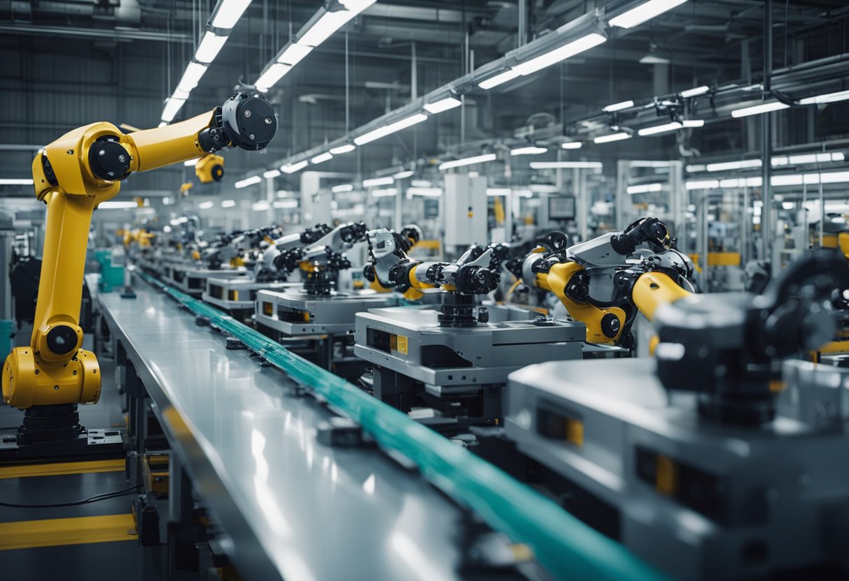 A bustling assembly line with sleek cars being rapidly produced by robotic arms in a large automotive factory