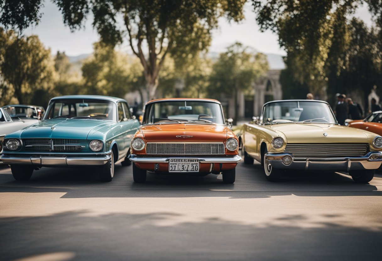 A lineup of iconic vintage cars from different eras, showcasing the evolution of the automotive industry