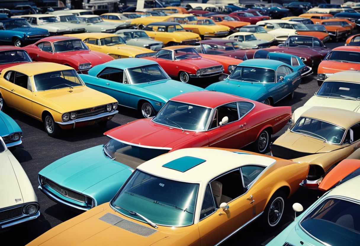 A colorful array of iconic cars from the 60s and 70s parked in a retro setting, with vibrant patterns and bold typography in the background