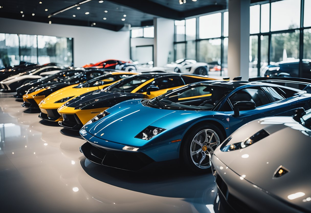 Iconic supercars and exotic cars from different eras lined up in a showroom, showcasing their sleek designs and powerful engines