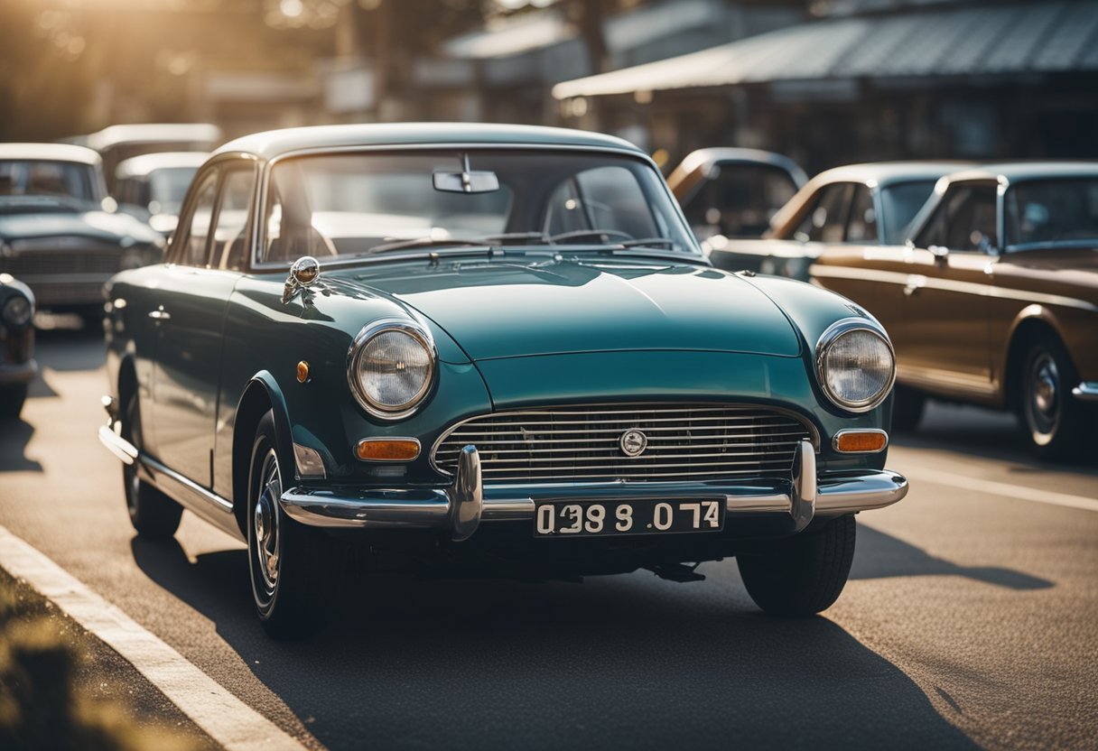 Classic Japanese cars in a vintage setting, showcasing iconic models from different eras