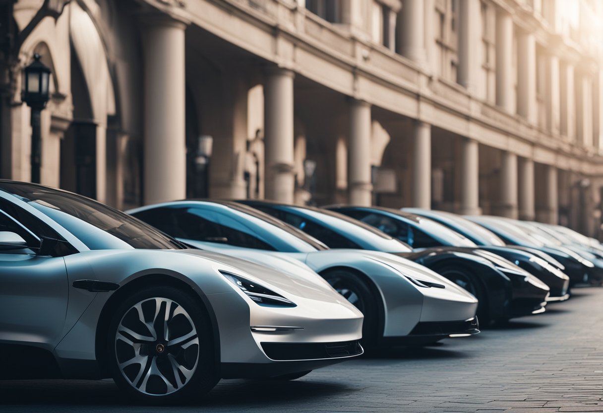 Electric cars parked in a futuristic city, surrounded by iconic cars from different eras