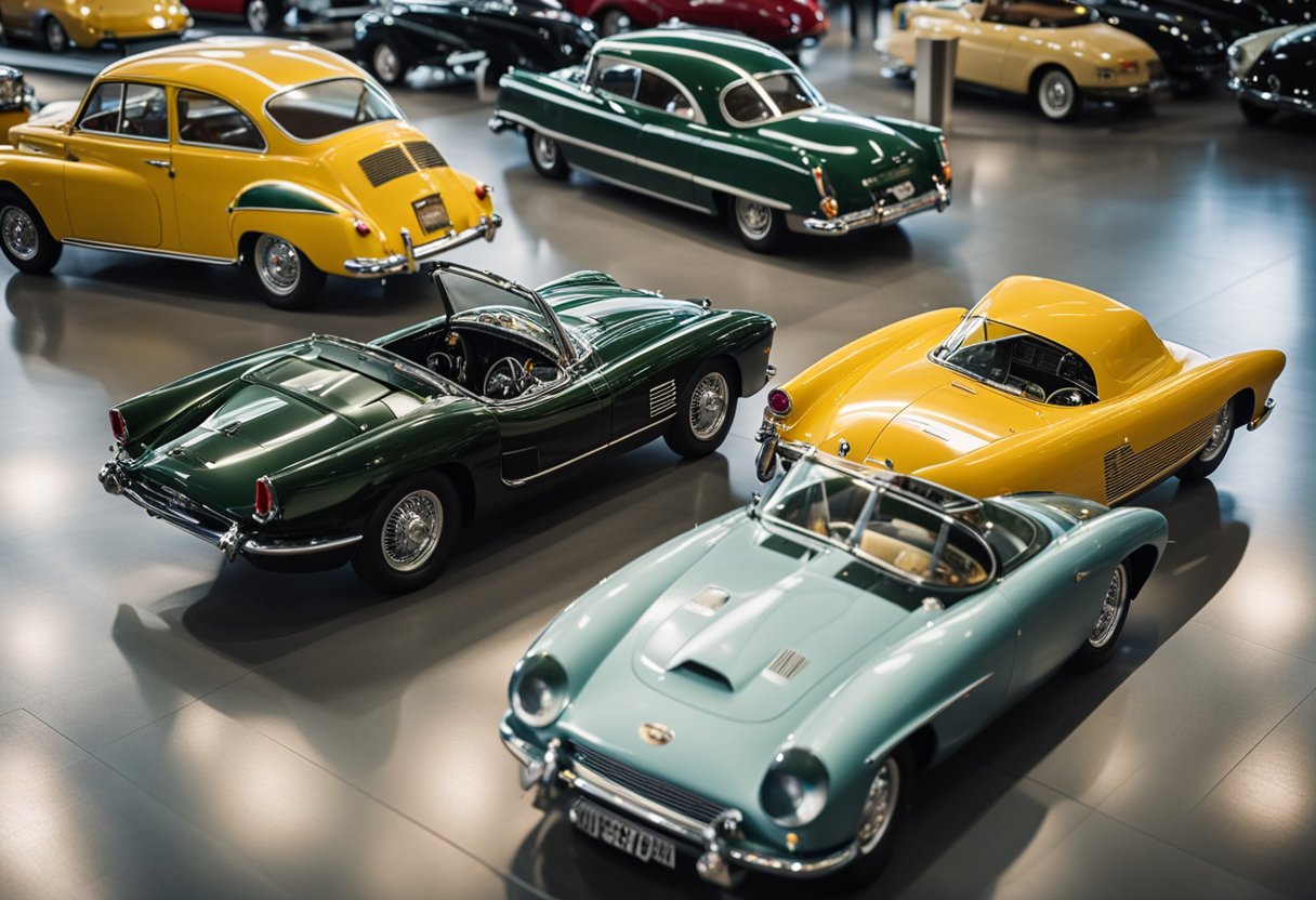 A lineup of iconic cars from different eras, each with a distinctive design and historical significance. The cars are displayed in a museum setting, surrounded by informative signs and interactive displays