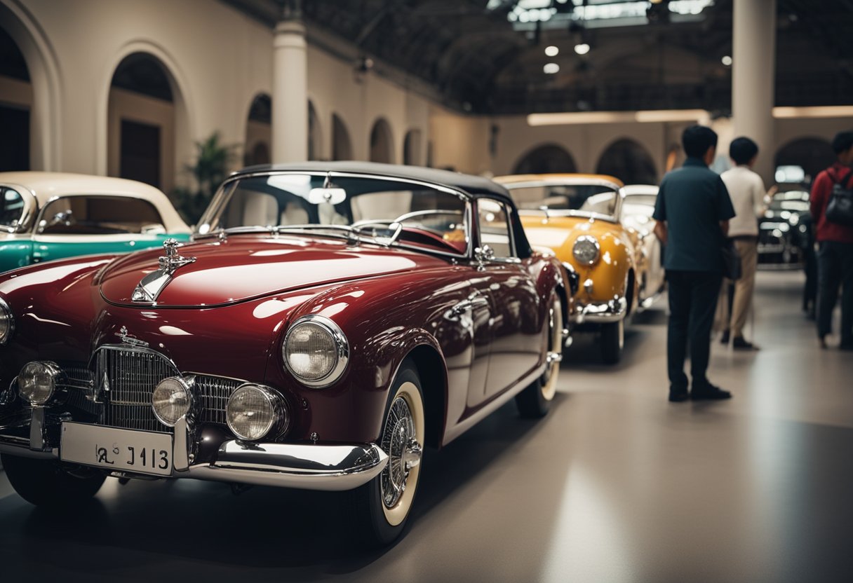 A collection of classic Asian automobiles displayed in a museum setting, with a focus on automotive enthusiasts visiting and admiring the vehicles