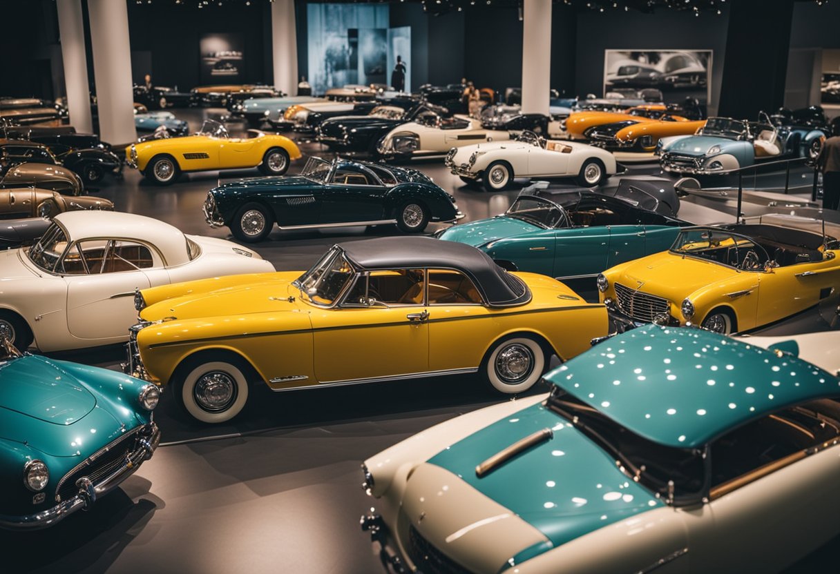 A collection of vintage cars displayed in a museum, with interactive exhibits for automotive enthusiasts to explore