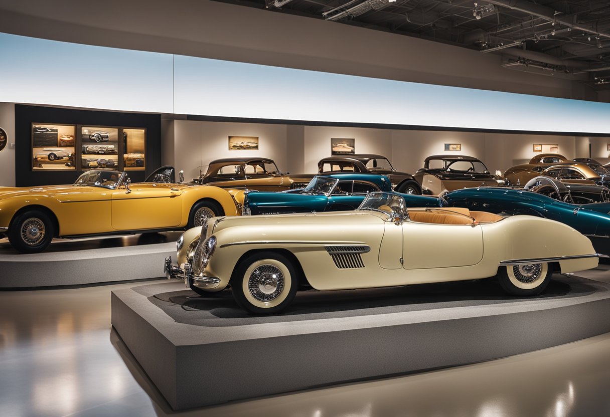 A vintage car museum showcases classic vehicles, with interactive exhibits and informative displays. Visitors admire the sleek curves and pristine finishes of the iconic automobiles